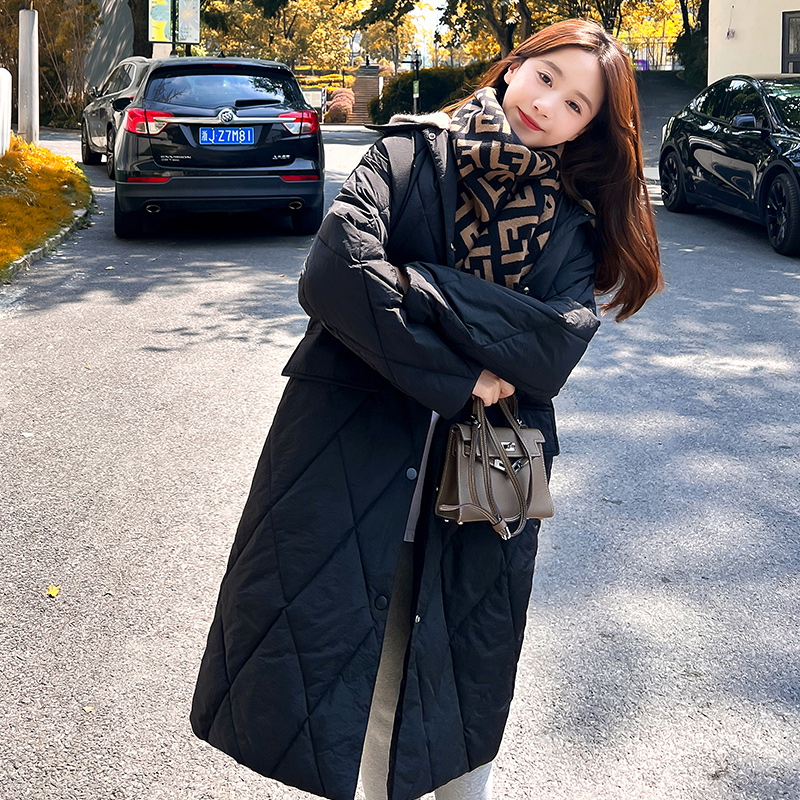 Korean style long cotton coat removable diamond wool cap