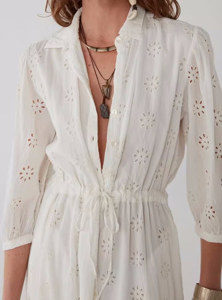 Cotton frenum lapel embroidered dress