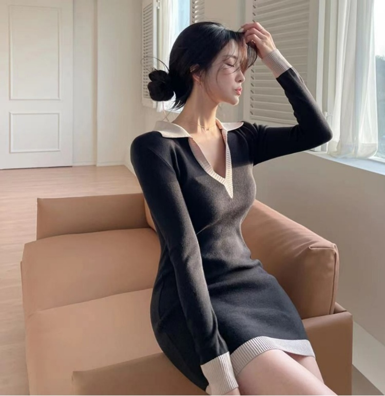 V-neck Korean style package hip dress slim ladies T-back