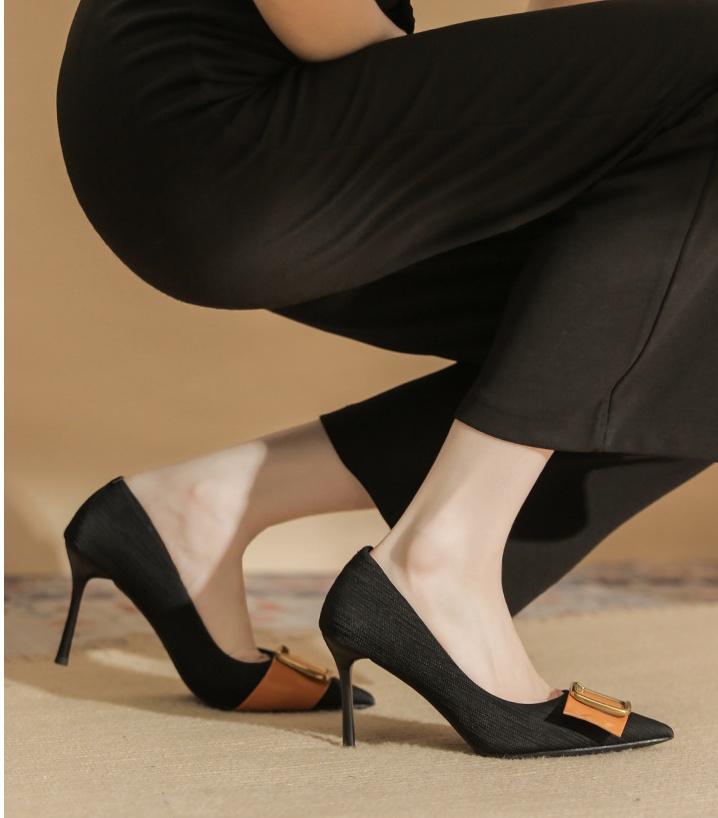 Sheepskin side buckle shoes low pointed high-heeled shoes