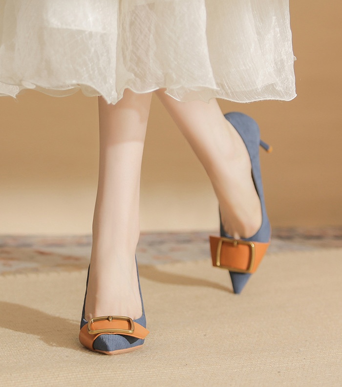 Sheepskin side buckle shoes low pointed high-heeled shoes