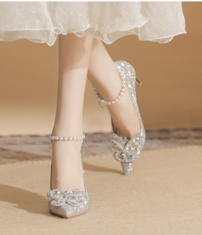 Fine-root sheepskin shoes rhinestone wedding shoes for women