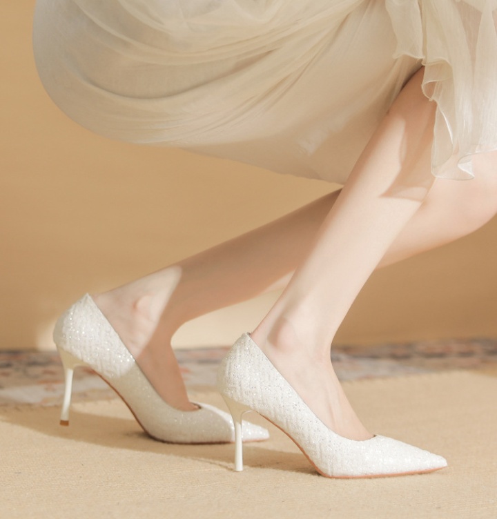 White sequins shoes sheepskin pointed wedding dress