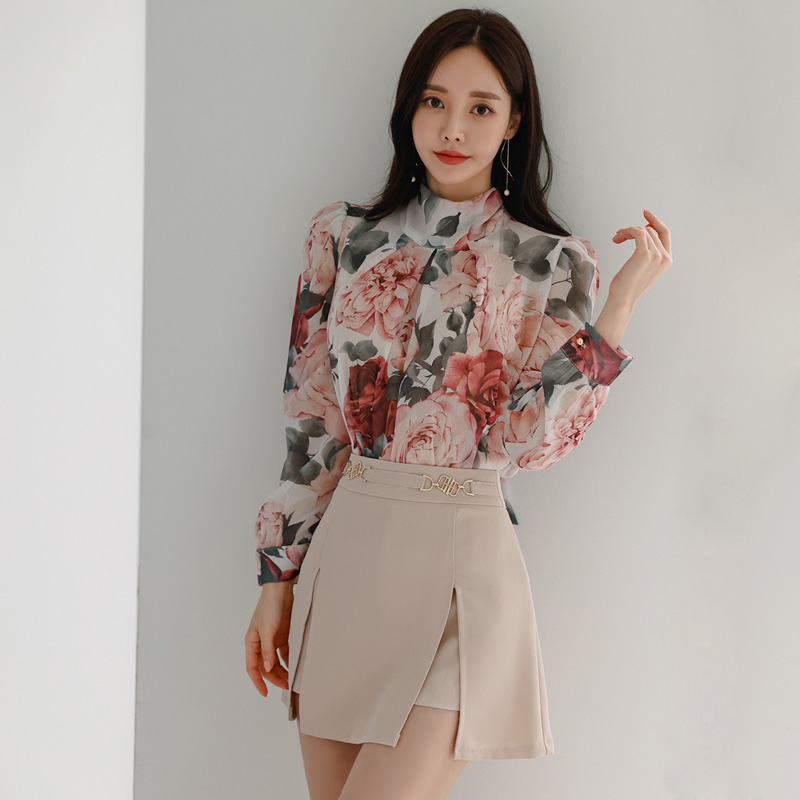 Autumn frenum split shirt printing Korean style tops 2pcs set