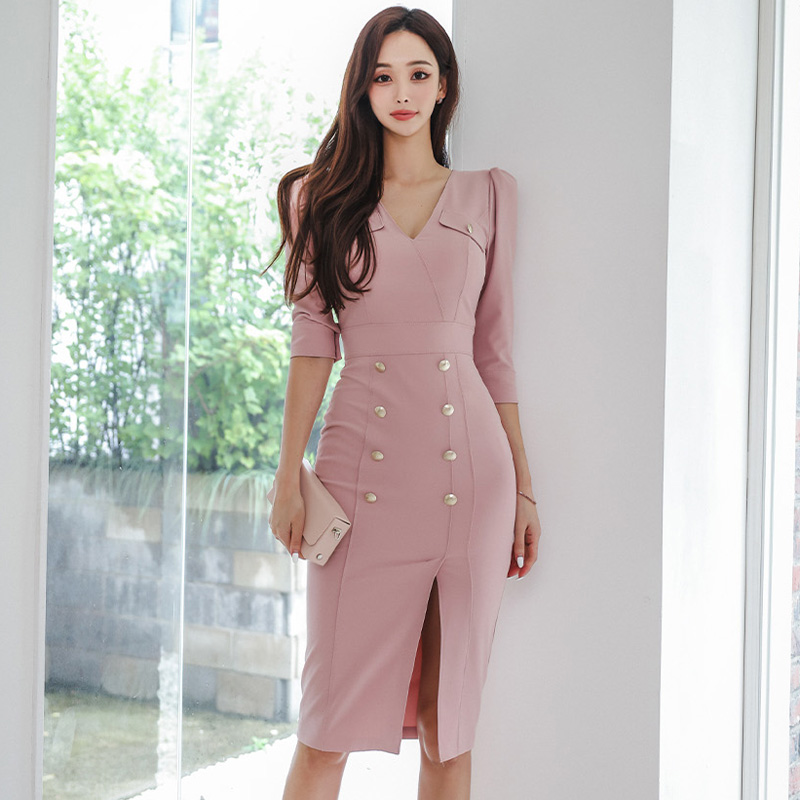 Autumn Korean style profession V-neck long fashion dress