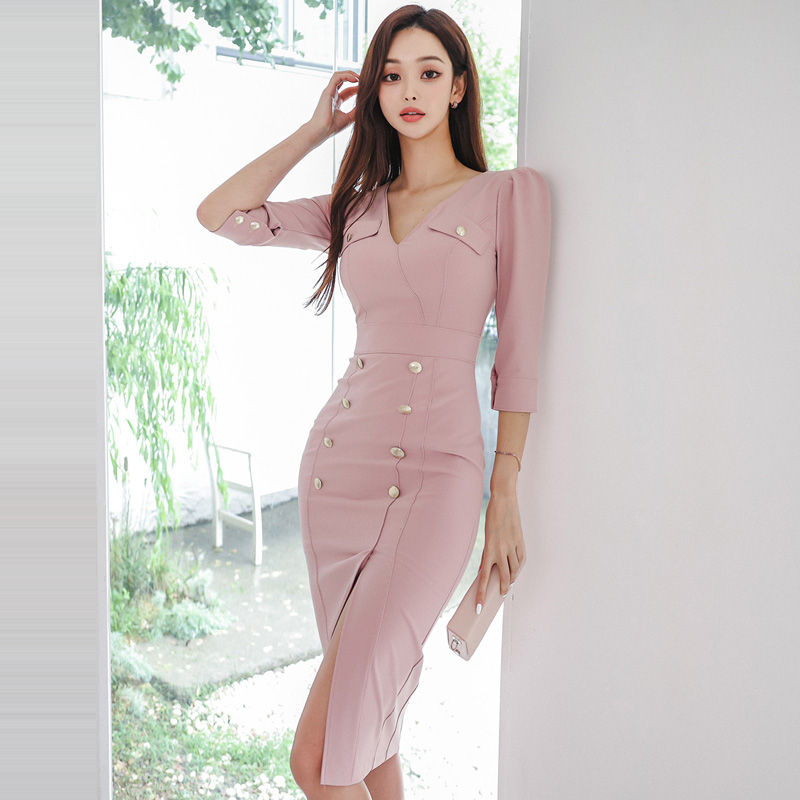 Autumn Korean style profession V-neck long fashion dress