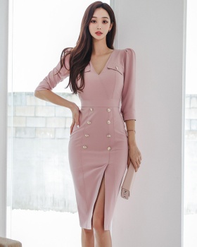 Autumn Korean style profession V-neck long fashion dress