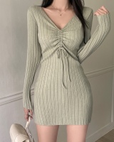 Korean style long sleeve bottoming dress V-neck knitted T-back