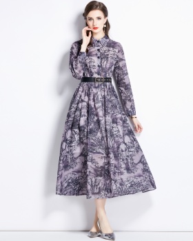With belt printing dress pinched waist lapel shirt
