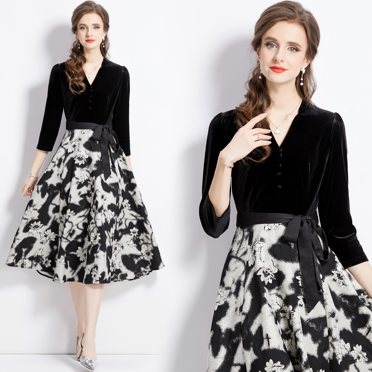 Pseudo-two black velvet pinched waist jacquard dress