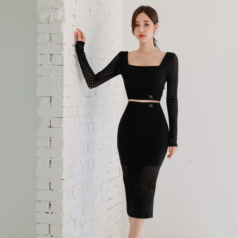 Slim fashion skirt grid Korean style tops 2pcs set