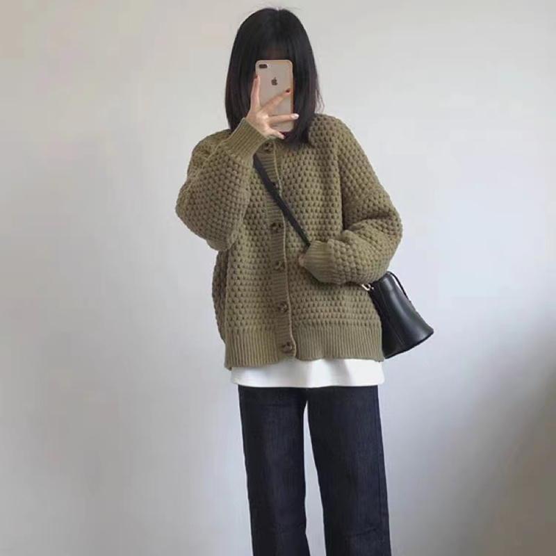Japanese style sweater round neck cardigan for women