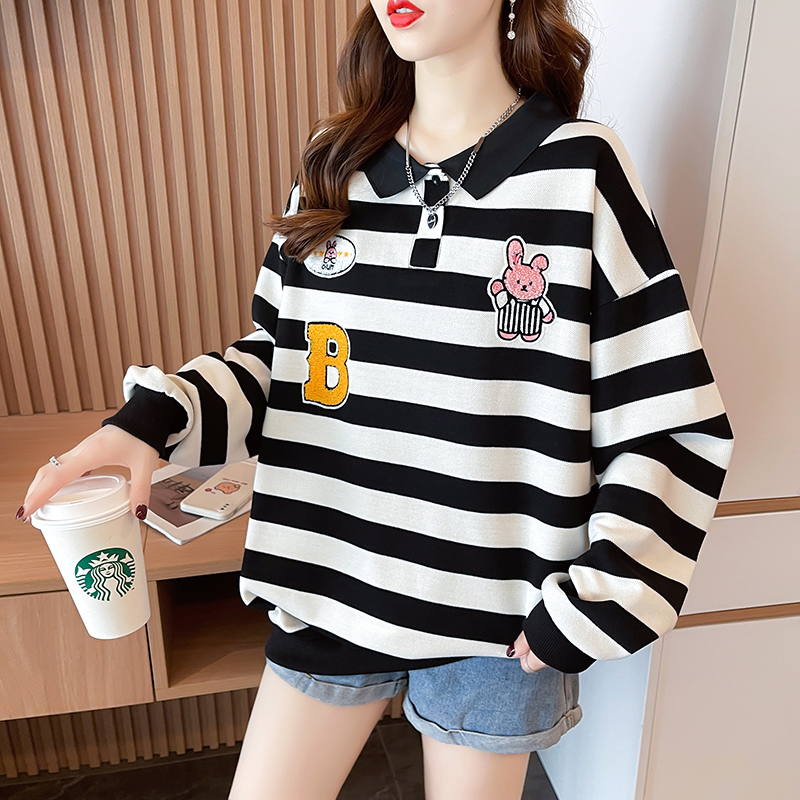 Korean style complex hoodie stripe winter tops for women