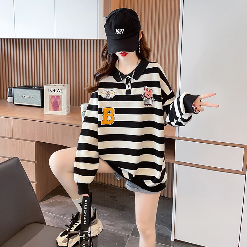 Korean style complex hoodie stripe winter tops for women
