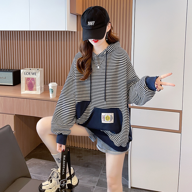 Autumn and winter stripe all-match complex hoodie for women