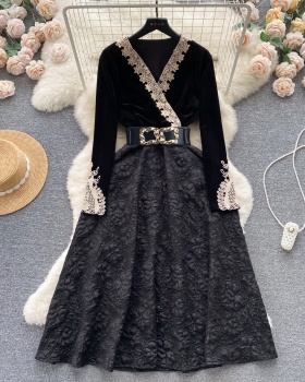 Retro Hepburn style lace splice jacquard velvet dress for women