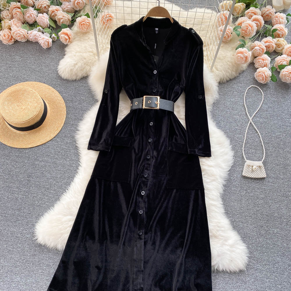 A-line golden velvet dress exceed knee France style long dress