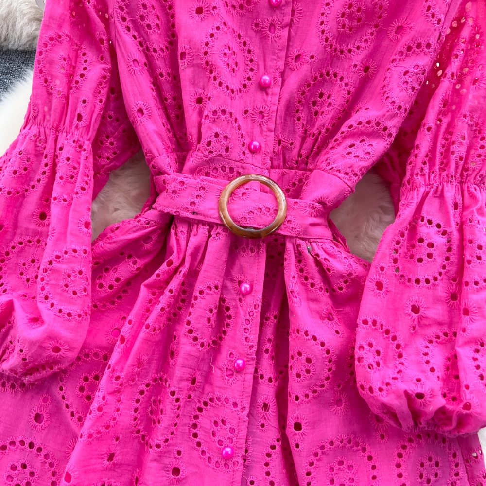 Big skirt sweet crochet frenum lace long sleeve dress