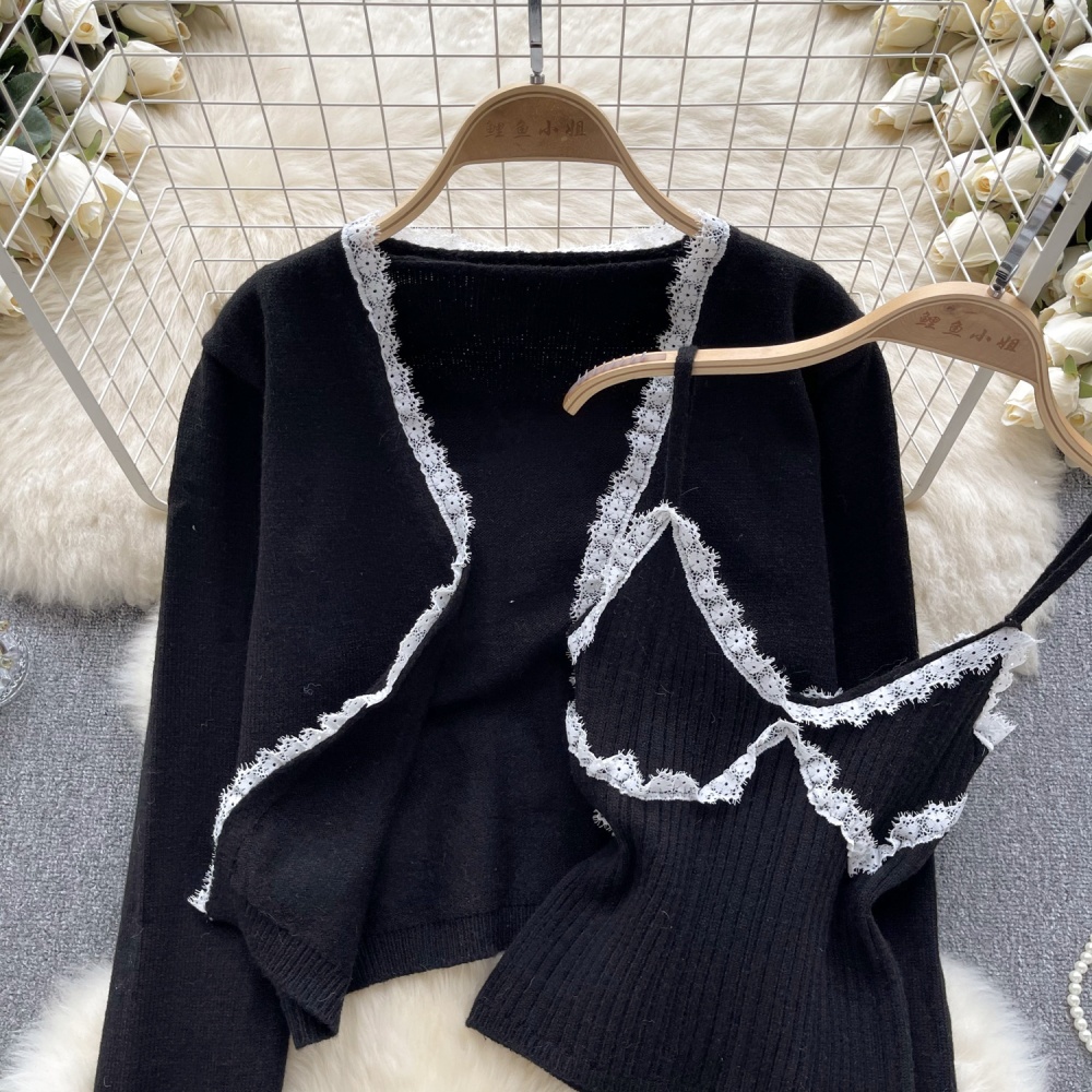 Romantic lace vest knitted splice cardigan a set for women