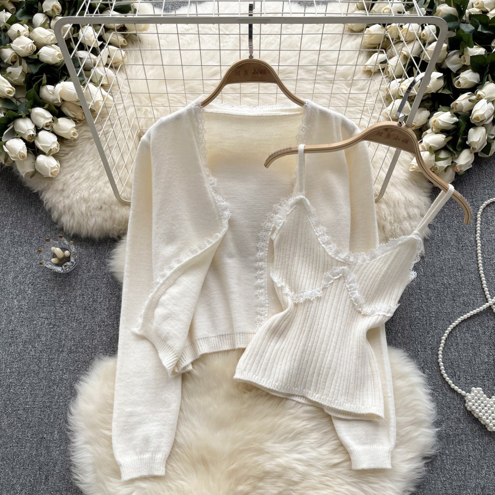 Romantic lace vest knitted splice cardigan a set for women