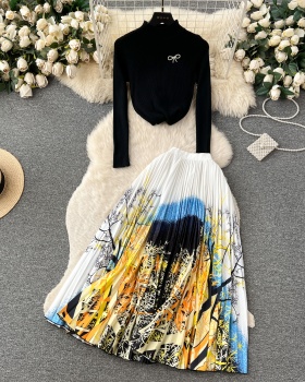 Half high collar skirt floral T-shirt 2pcs set for women