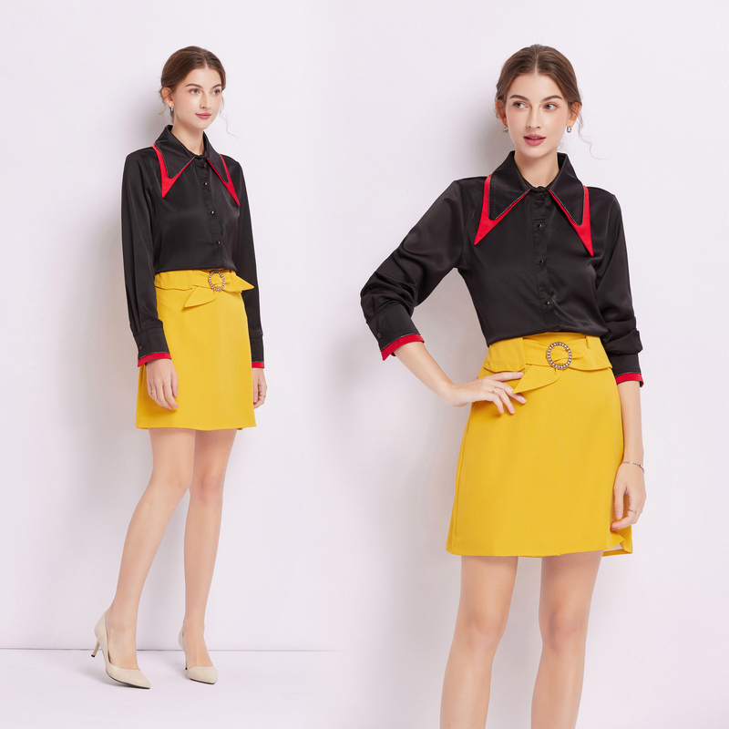 Simple lapel shirt mixed colors skirt
