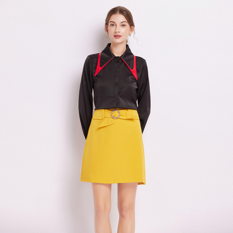 Simple lapel shirt mixed colors skirt