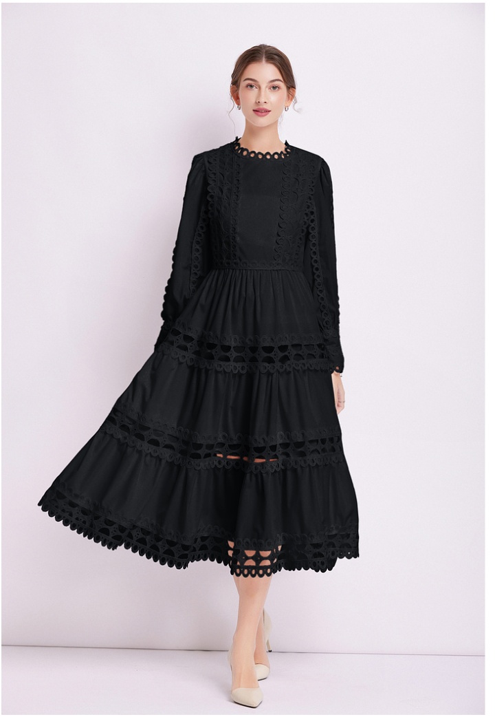 Elegant long sleeve pure lace Casual pinched waist dress