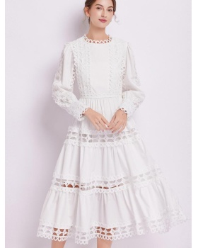Elegant long sleeve pure lace Casual pinched waist dress