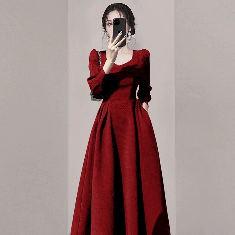 France style wine-red evening dress autumn dress for women