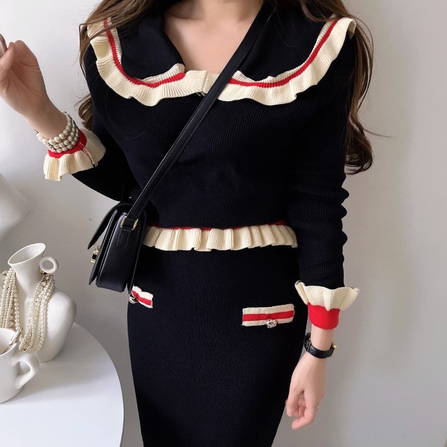 Doll collar package hip tops Korean style skirt 2pcs set