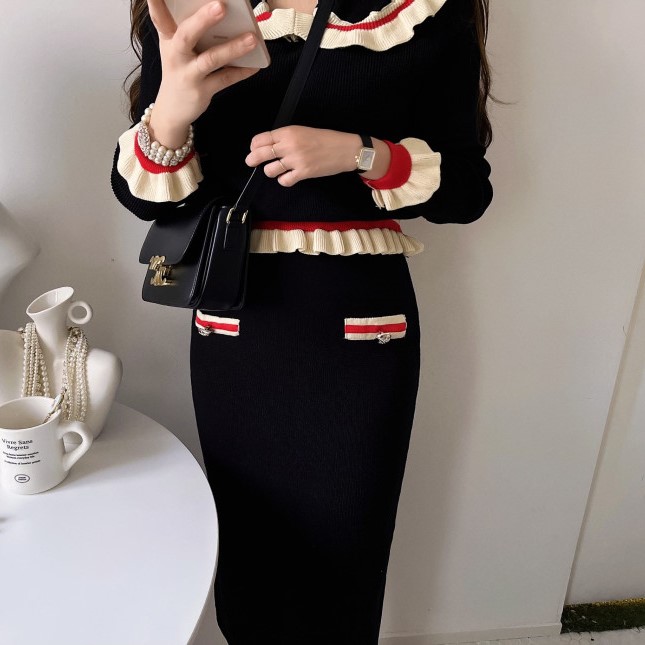 Doll collar package hip tops Korean style skirt 2pcs set