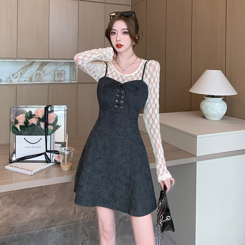 Korean style denim lace spicegirl autumn tops 2pcs set
