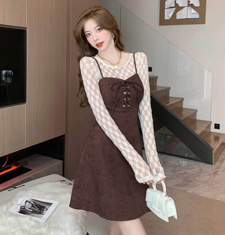 Korean style denim lace spicegirl autumn tops 2pcs set