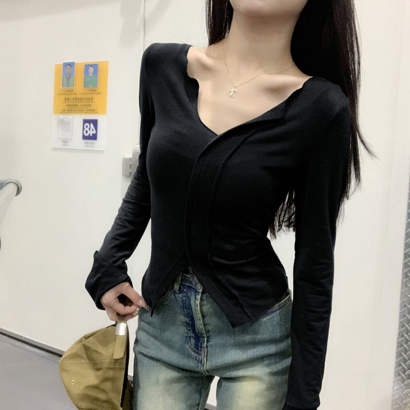 Split short tops long sleeve autumn T-shirt for women