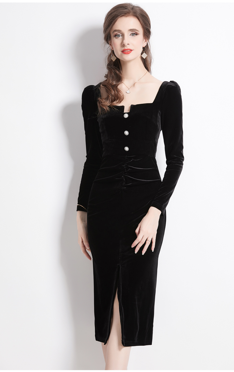 Retro long sleeve black dress split velvet formal dress for women