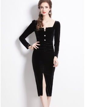 Retro long sleeve black dress split velvet formal dress for women
