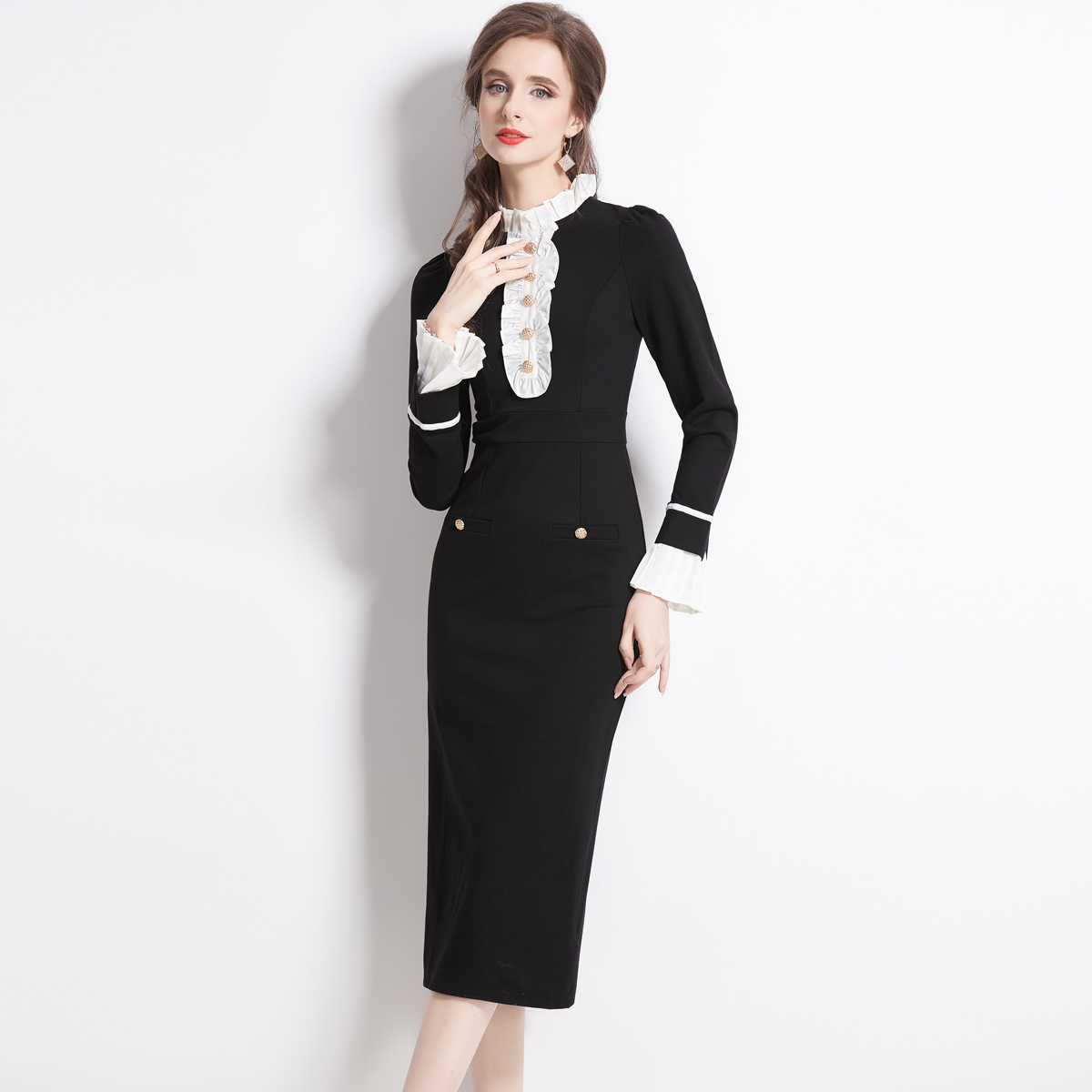 Petal collar slim long dress Hepburn style dress
