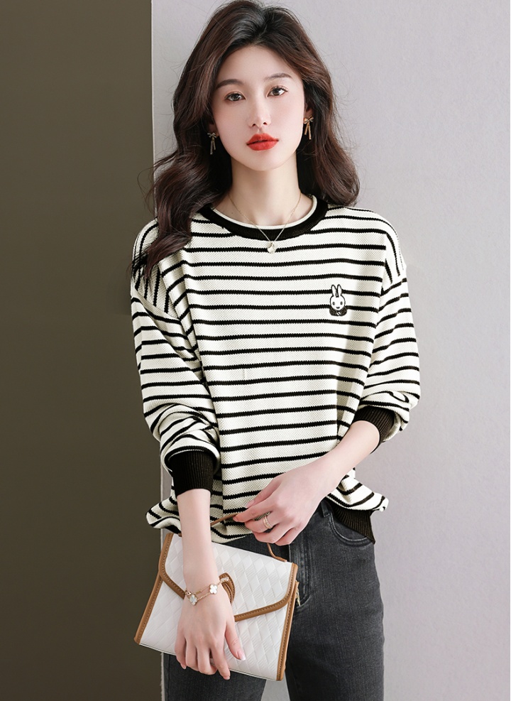 Loose thin stripe tops long sleeve autumn knitted T-shirt