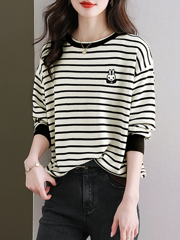 Loose thin stripe tops long sleeve autumn knitted T-shirt