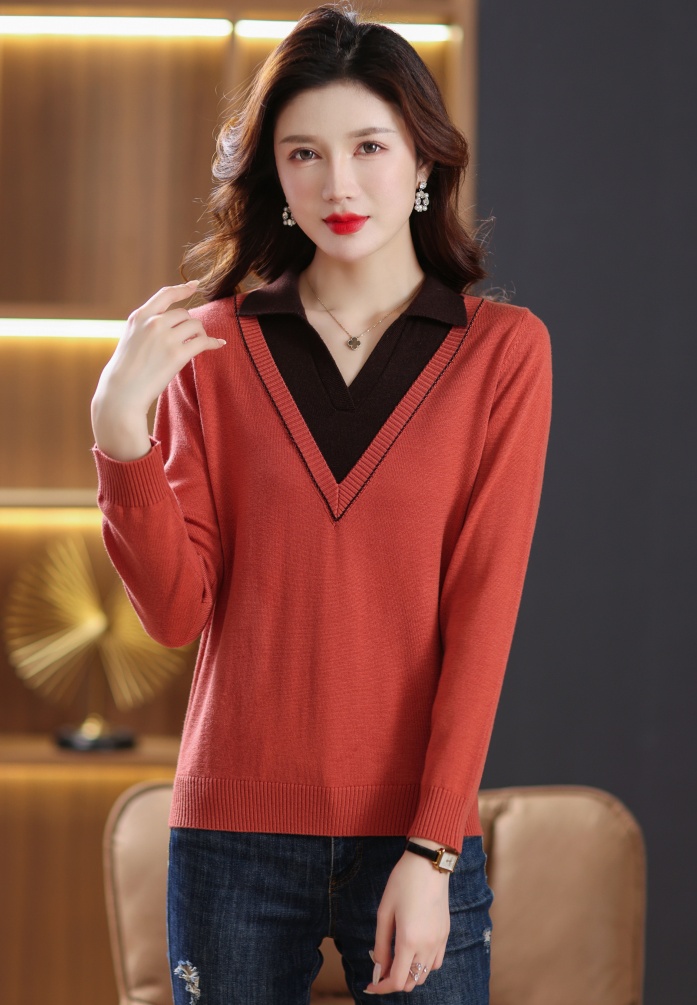Autumn lapel sweater Western style Pseudo-two tops
