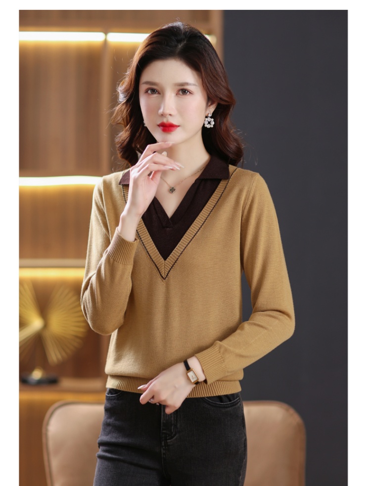 Autumn lapel sweater Western style Pseudo-two tops