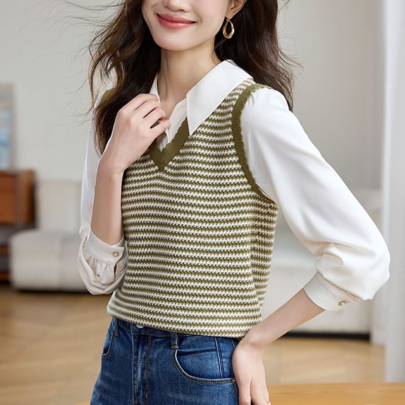 Thin Pseudo-two stripe tops autumn long sleeve splice sweater