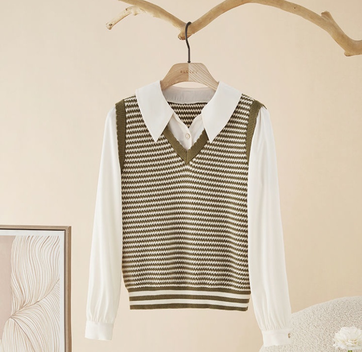 Thin Pseudo-two stripe tops autumn long sleeve splice sweater