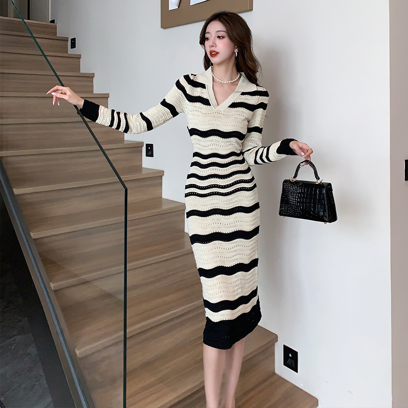 Korean style temperament stripe dress for women