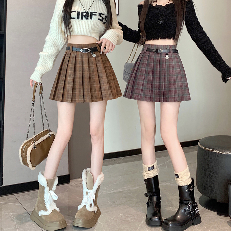 High waist woolen short skirt slim pleated skirt for women