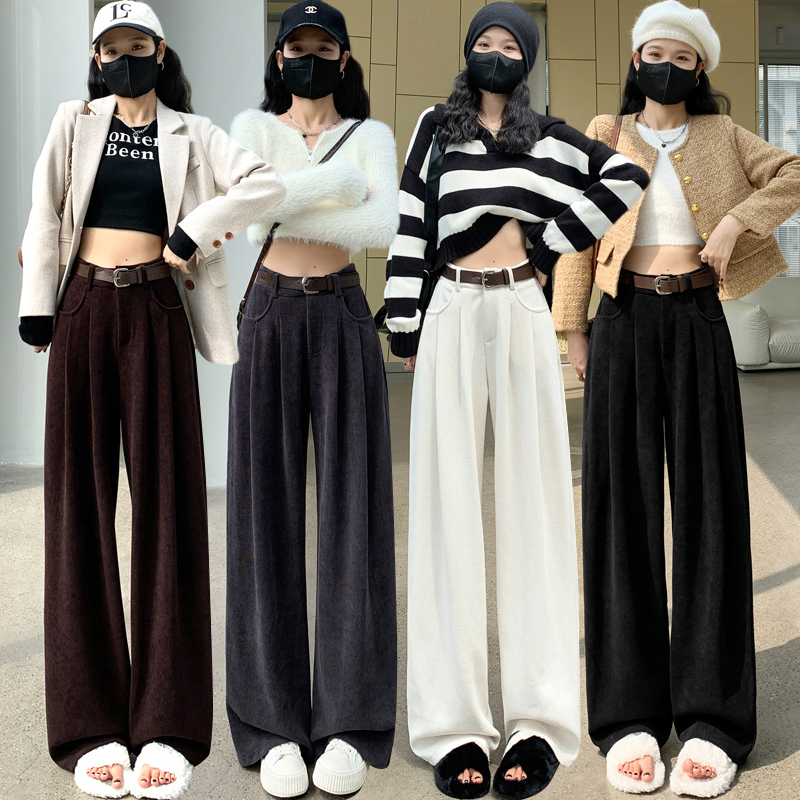 Plus velvet high waist pants winter wide leg pants for women