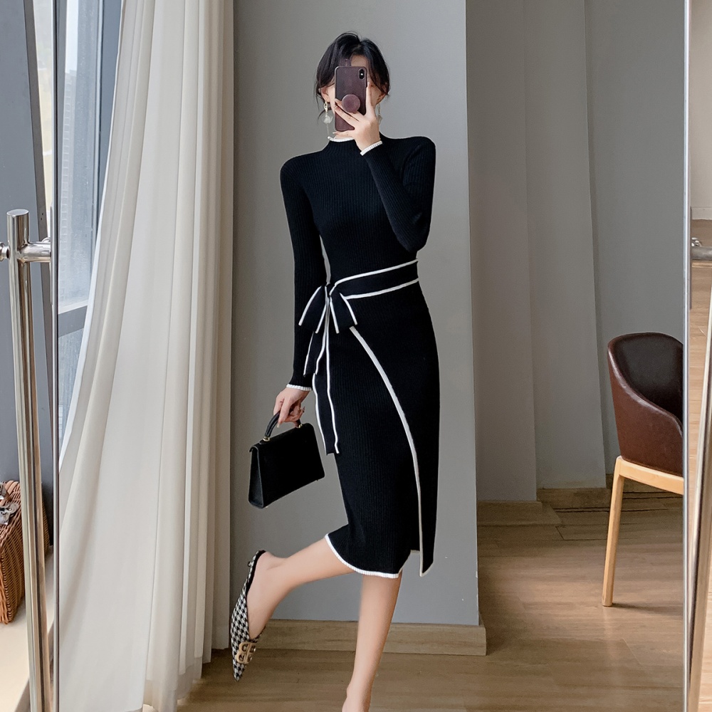 Korean style knitted hemming mixed colors bandage dress