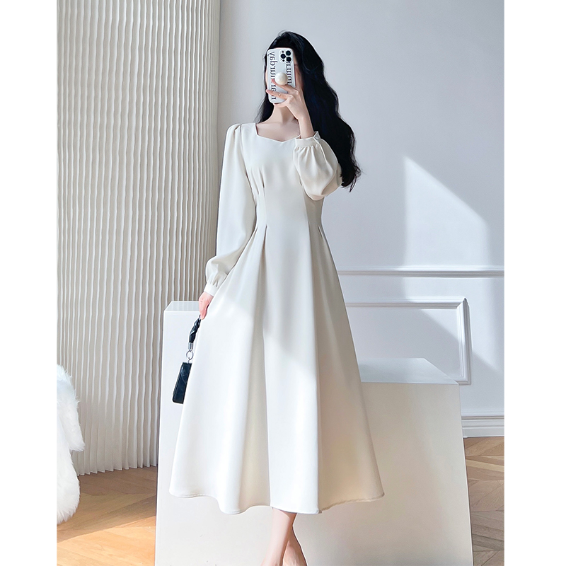 France style slim collar white dress for women