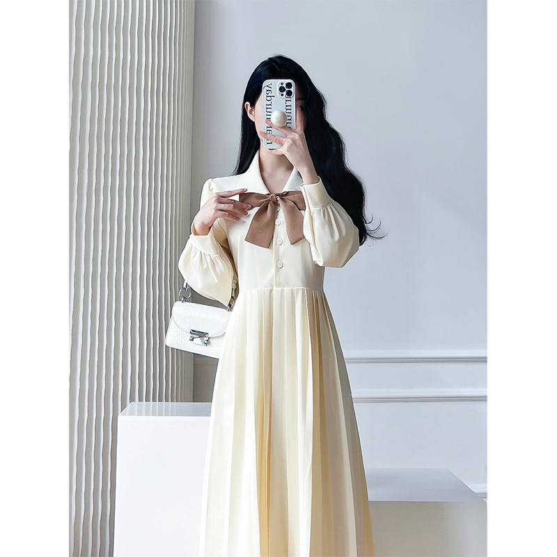 Pleated autumn dress France style long dress for women